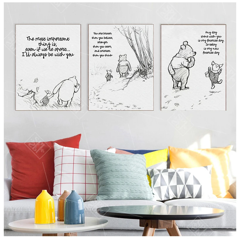 

Winnie The Pooh Quotes Canvas Posters and Prints Classic Cartoon Movie Art Painting Black White Picture Kids Room Wall Art Decor