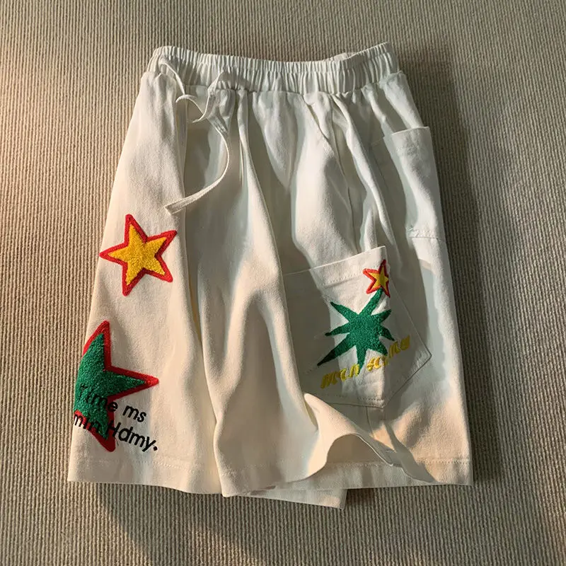 

American Vintage Stars Embroidery Cotton Shorts Wide Leg Pants Casual Students Teens Sweatpants Summer Drawstring Elastic Waist