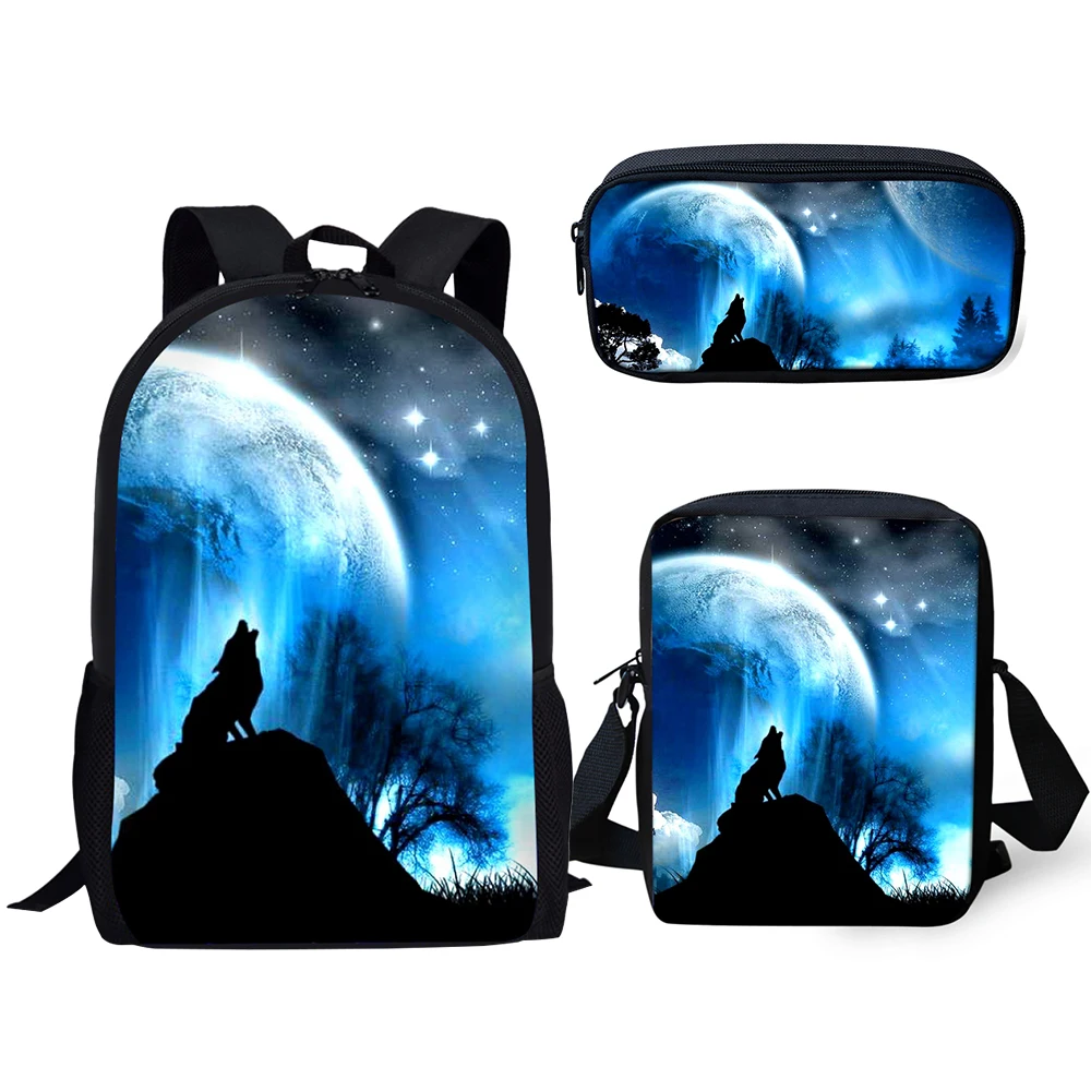 HaoYun Children's 3PCs Set Backpacks Fantasy Wolf Pattern Kids School Book Bags Cartoon Students Backpack/Flaps Bag/Pen Bags