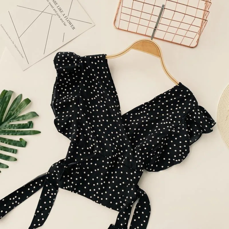 

Summer Ruffles Chiffon Blouse Women's Dot Print Top V-Neck Shirts Short Sleeve Blusas Lace Up Blouses Top