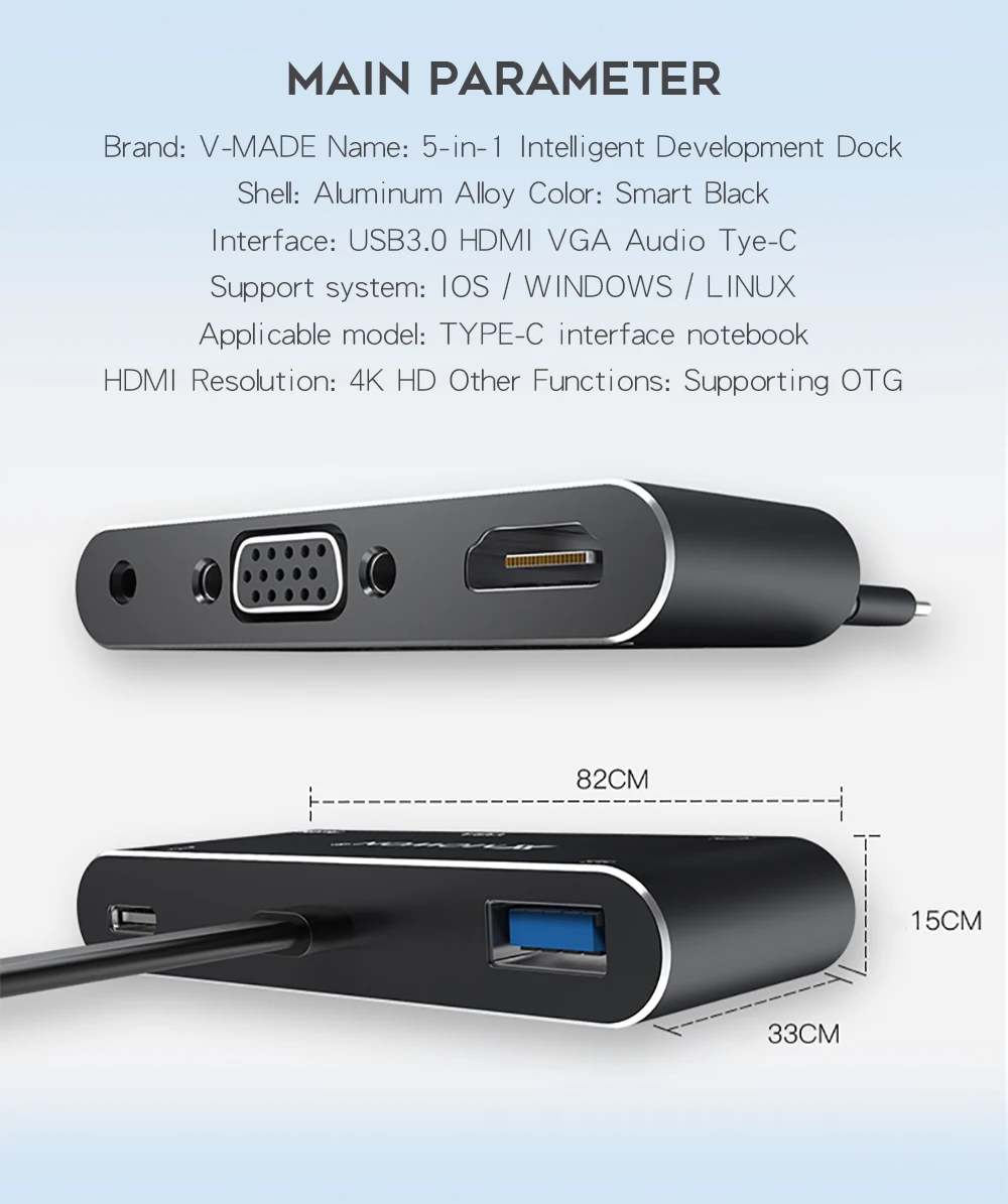 Vmade usb-хаб 5 в 1 USB C к HDMI адаптер 4K тип-c к HDMI/VGA/аудио/USB 3,0 порт+ USB C порт(PD) конвертер для ноутбука Macbook