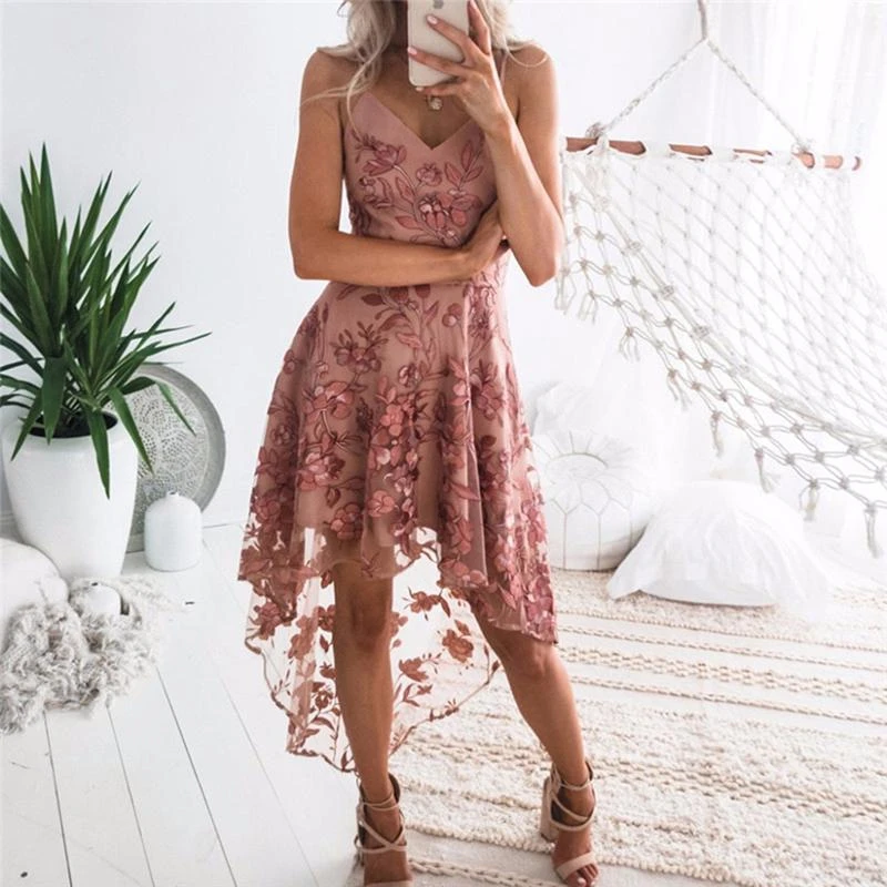 

Elegant Vintage Bohemian Beach Strapless Top Dresses Casual Flower Embroidery Dress V-Neck Elegant Lace Dress Women Party