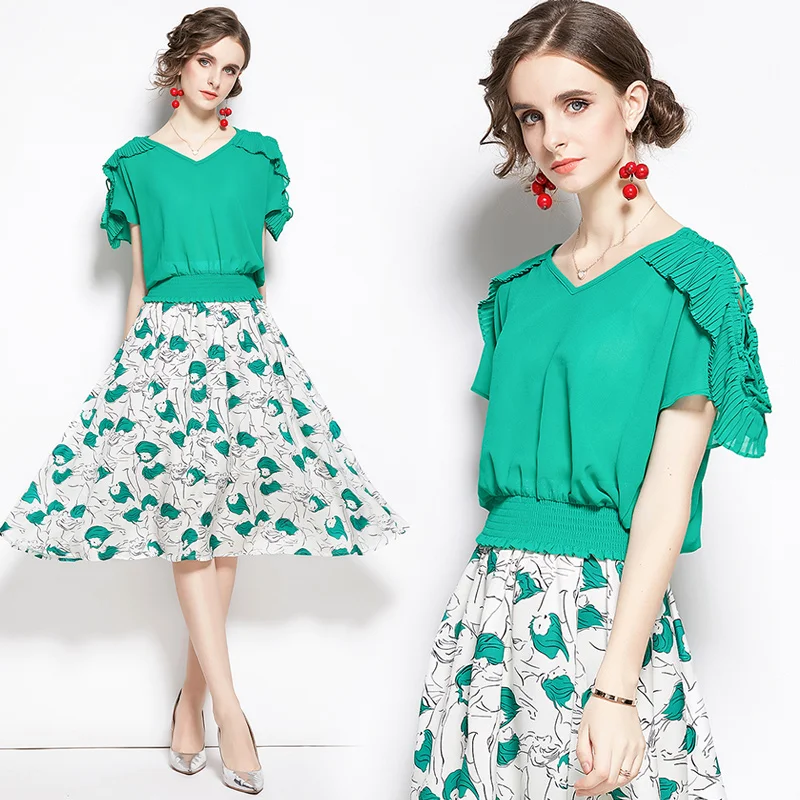 

2020 New Set Office Lady Short Elastic Waist Solid Mid-Calf V-Neck Womens Summer Set Hollow Out Elegant Casual Two Piece Set