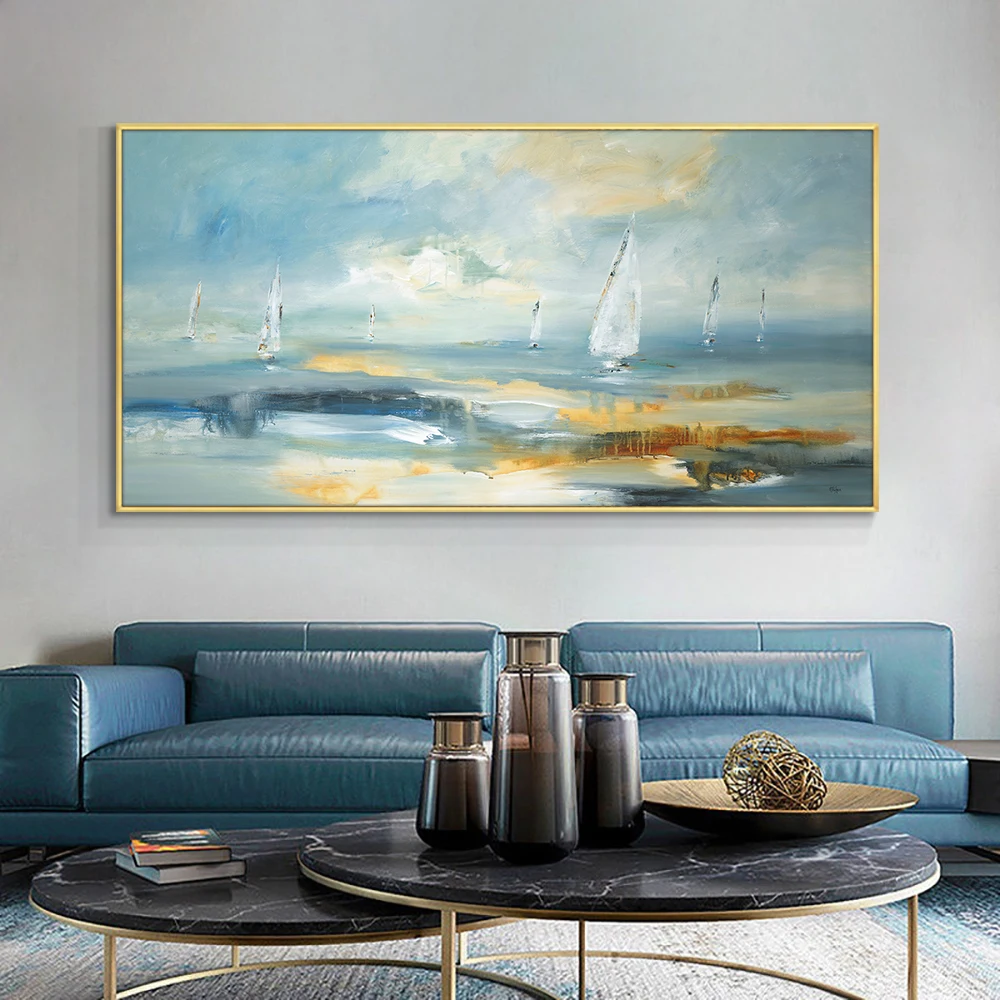

Abstract Sailing Boat On The River 100% Hand Painted Oil Painting On Canvas Wall Art Handmade Unframed Art For Home Decor