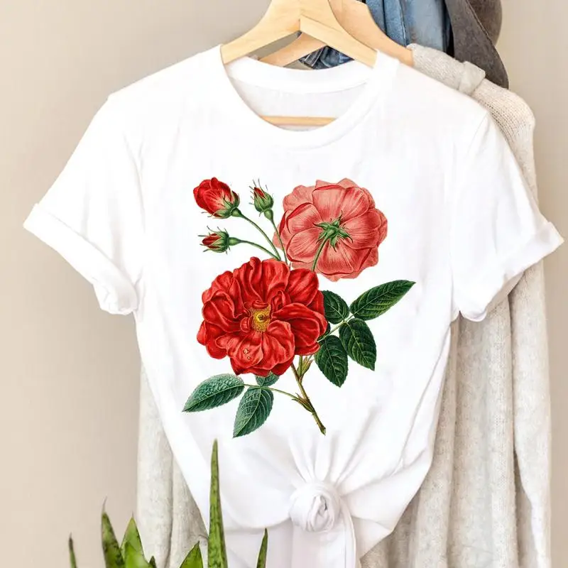 

Футболка женская с цветочным принтом, Модная стильная тенниска с коротким рукавом, топ с графическим принтом