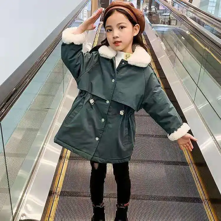 

Girls Jackets Winter 2020 New Style Plus Velvet Thick Solid Color Single-Breasted Blouse Big Childrens Pie Overcome