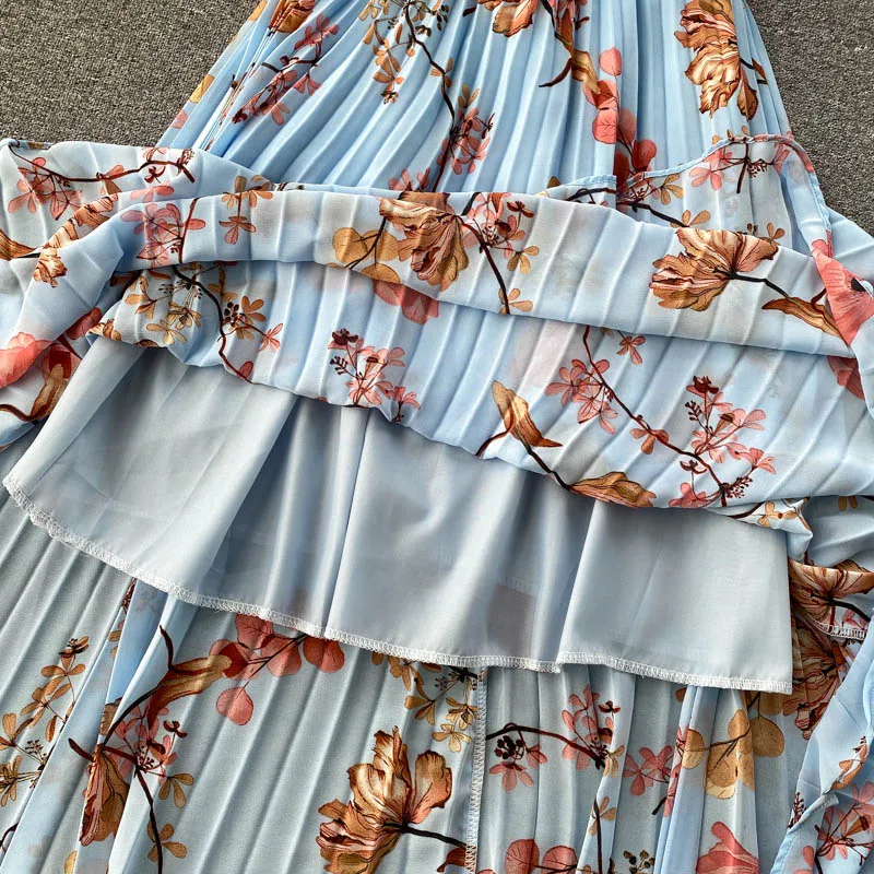 

Boho ruffles floral Print Summer bandage maxi long pleated Dress Women casual vestidos beach holiday dress tunic elegant dresses