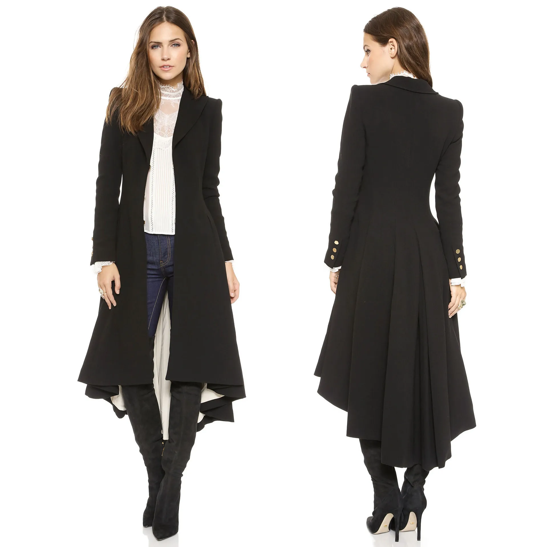 

Autumn Winter Dovetail Long Sleeve Fashion Woolen Coat Trench Woolen Coat Women's Lapel Suit Cufflinks Pleated Back Trench Coats