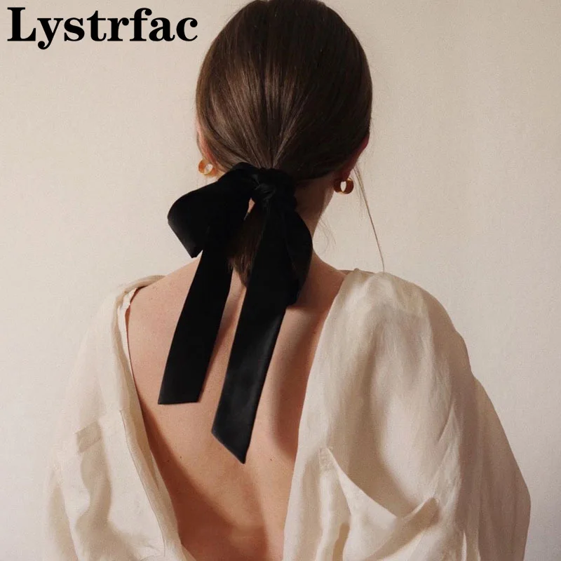 Lystrfac Vintage Black Velvet Bow Hair Ribbon Scrunchie for Women Girls Long Elastic Hair Tie Headwear Female Hair Accessories