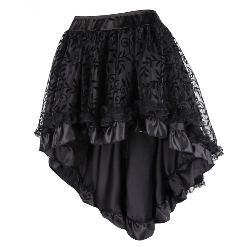 

Black Women's Victorian Asymmetrical Ruffled Satin Lace Trim Gothic Skirts Vintage Corset Steampunk Skirt Cosplay Costumes