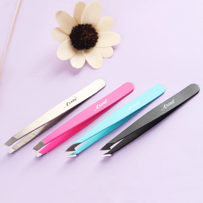 

ACARE Eyebrow Tweezers Hair Removal Tweezers Stainless Steel Pink Slanted Black Tip Point Face Metal Makeup Beauty Tool