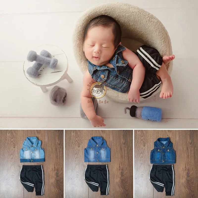 

Newborn Photography Props Boy Blue Denim Waistcoat Sports Pants Suit Baby Photo Outfit Baby Clothes for Photo Shoot Accessories