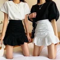 autumn winter high waist flounced pleated leather slimming a line fishtail solid color package hip black skirt skirts womens