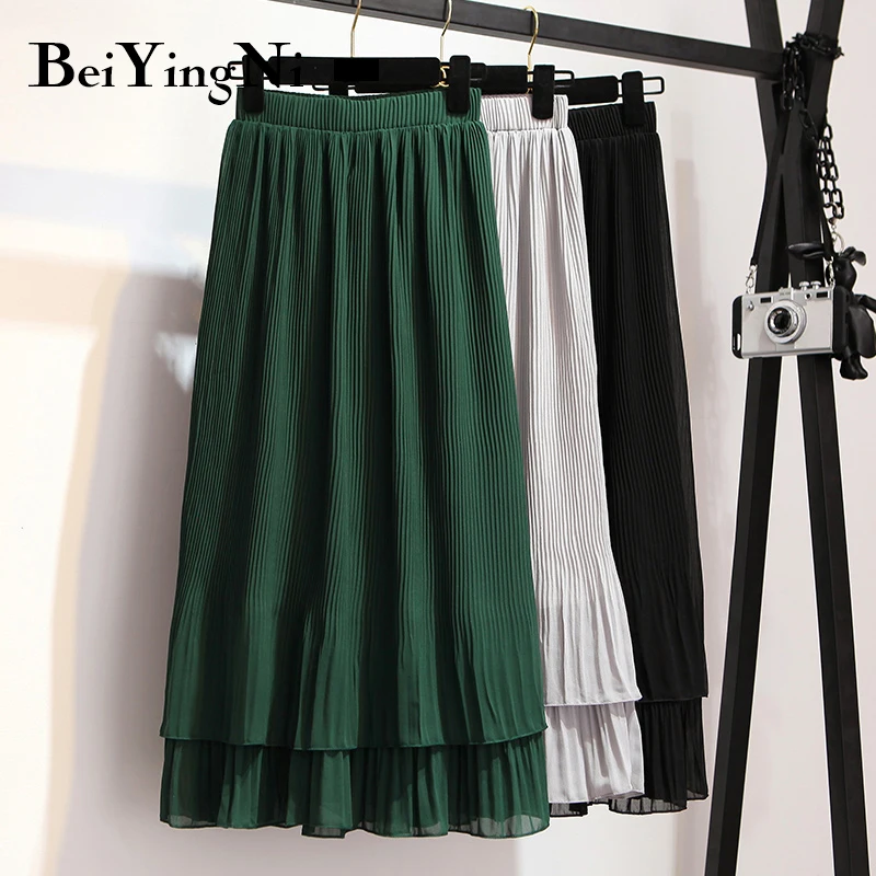 

FAKUNTN Beiyingni Vintage Pleated Skirt Women Ruffles Lining Chiffon Patchwork Black Casual Midi Skirts Long Korean Saias Mujer