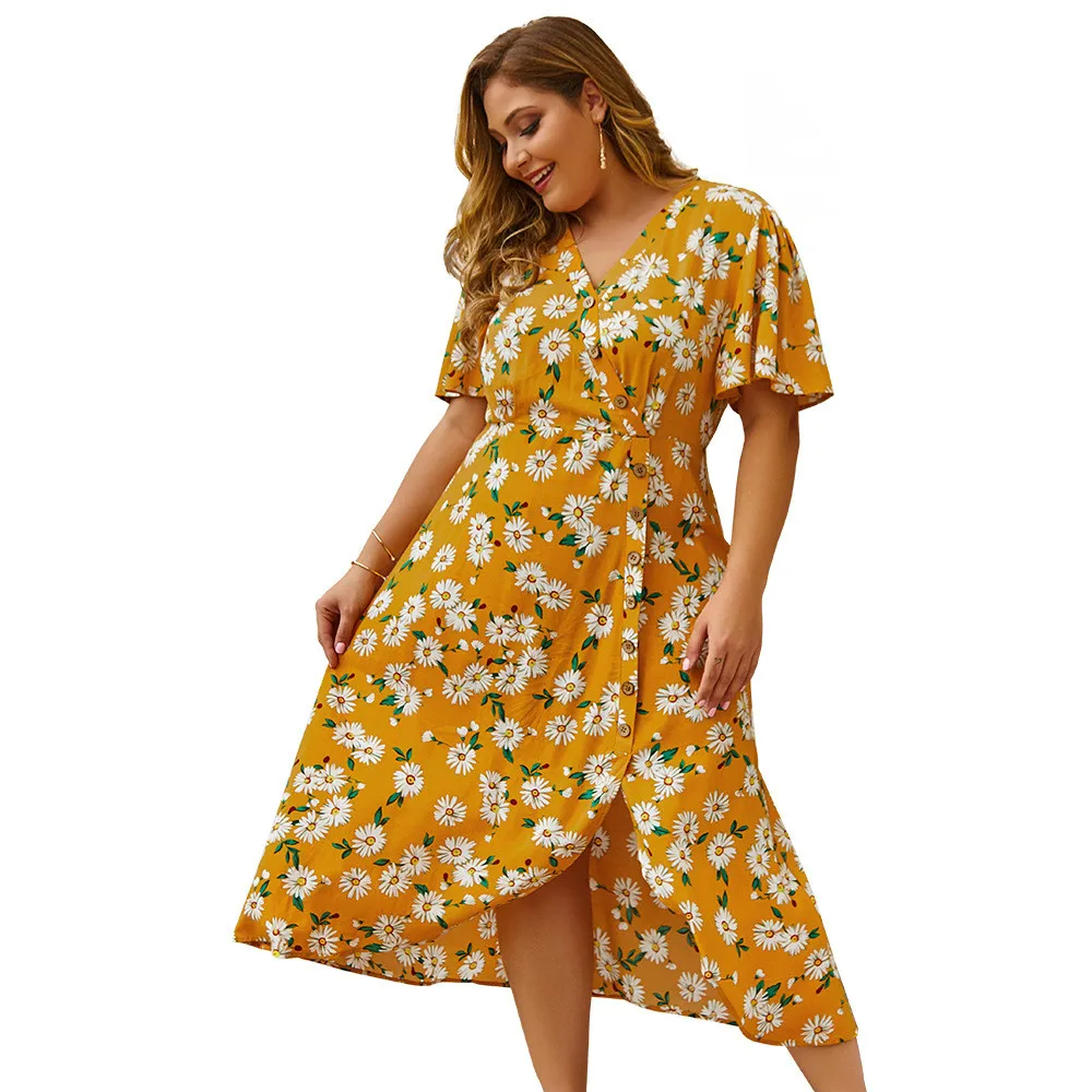 

2020 Women Floral Print Chiffon Beach Dress Sexy Slit V-Neck Wrap Party Long Dress Elegant Vintage Ruffles Casual Summer Dress