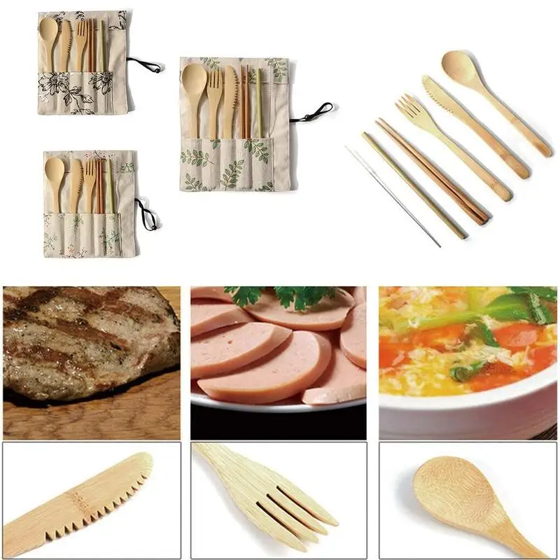 

6pcs/set Travel Bamboo Cutlery Set Eco-Friendly Portable Washable Spoon Outdoor Reusable Tableware Set Fort Chopstick Durab O7B8