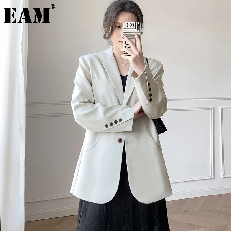 

[EAM] Women Beige Elegant Casual Blazer New Lapel Long Sleeve Loose Fit Jacket Fashion Tide Spring Autumn 2022 1DE3382