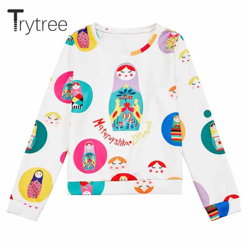 Trytree/ осенне-зимняя женская толстовка, Повседневные пуловеры с круглым вырезом, сатиновые матрешки, модная свободная толстовка с принтом, Белый Топ