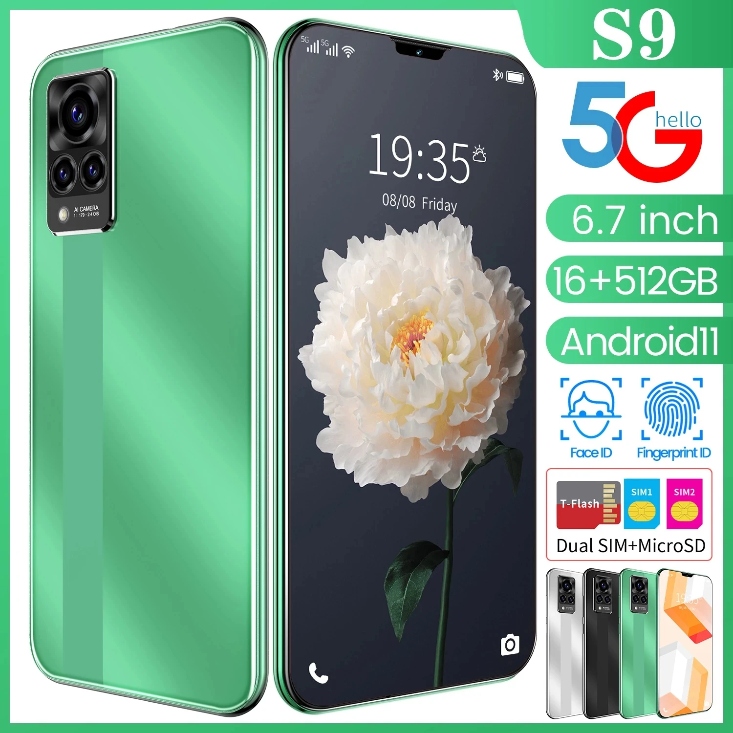 

Global Version 5G S9 6.7 Inch Triple Camera Android 10 Dual SIM Card Telephone 6000mAh Battery 8GB+256GB ROM 4G Android Phone