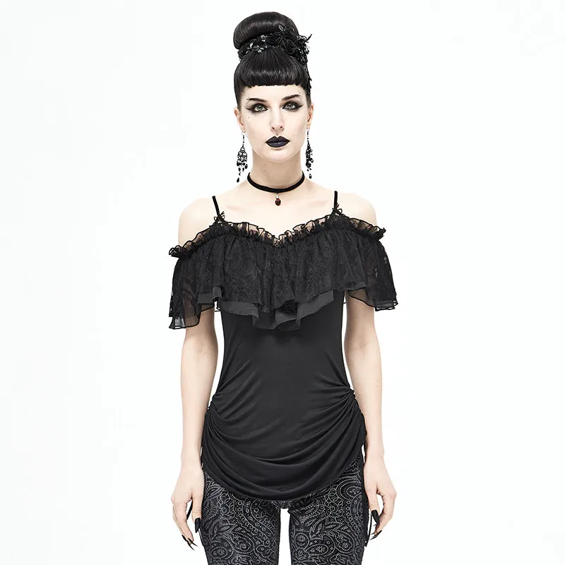 Gothic Retro One-shoulder Sling Lace Mesh Gauze Skirt Drawstring Long Blouse Women's Suspender Dress For Two Wear