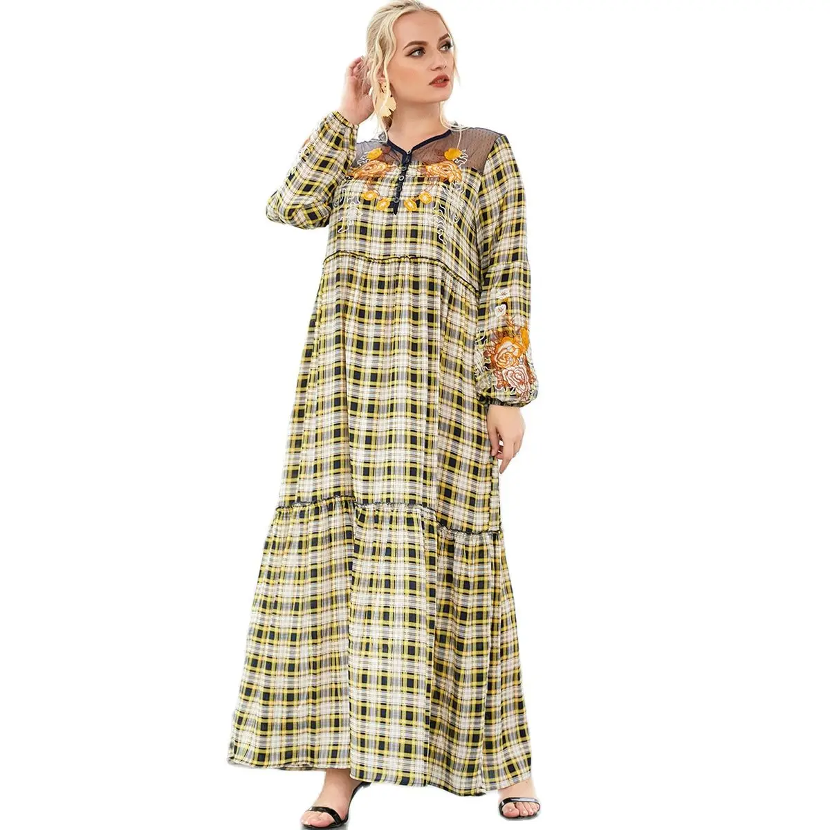 Abaya Дубай для влюбленных A9502 # модное большое женское платье с длинным рукавом в клетку с вышивкой Плиссированное повседневное свободное осе...