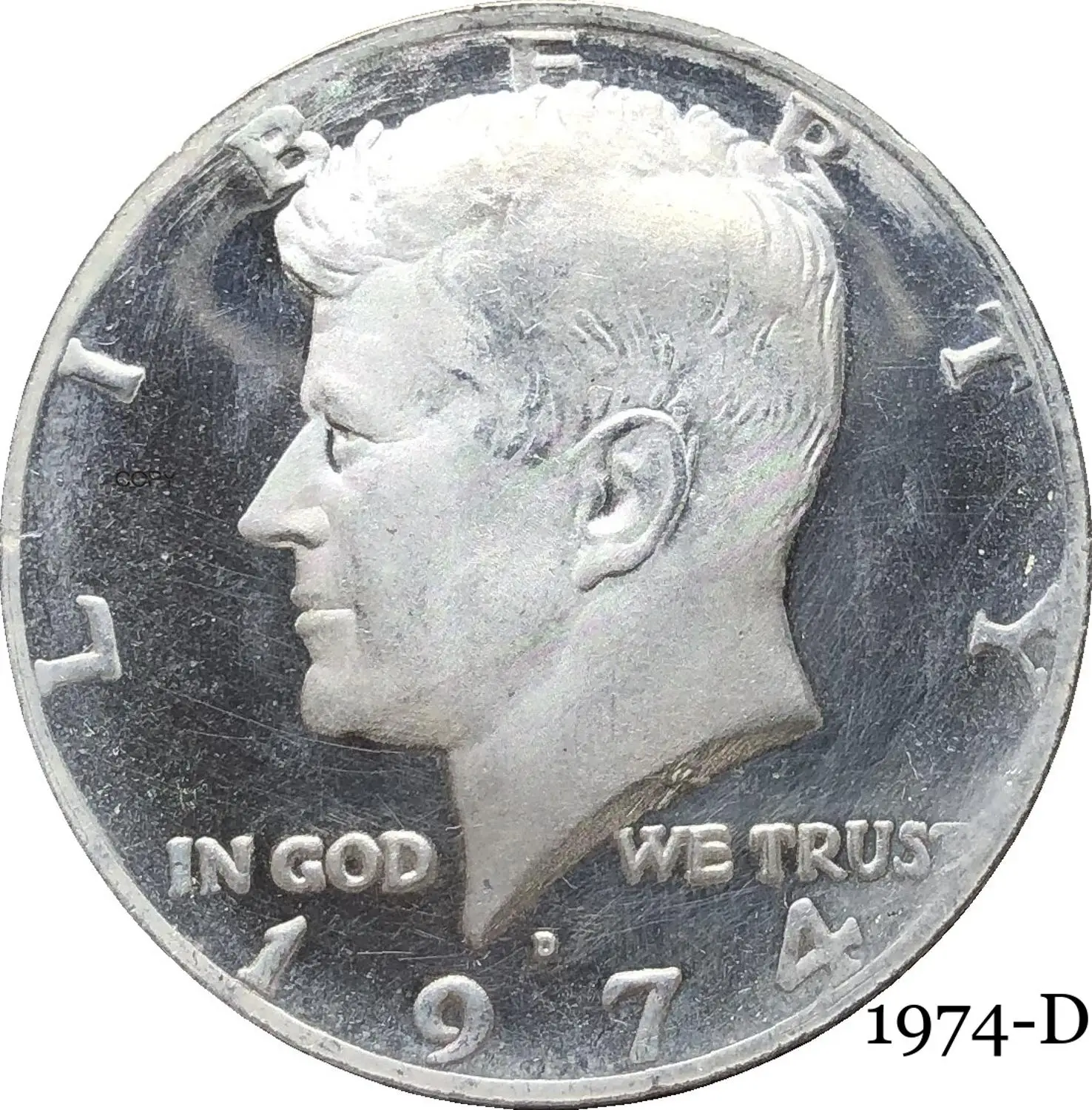 

Соединенные Штаты, Америка, свобода 1974, Кеннеди, США, полудоллар в Бог, мы доверяем E, многоавтобус, купроникель, Посеребренная копировальная ...