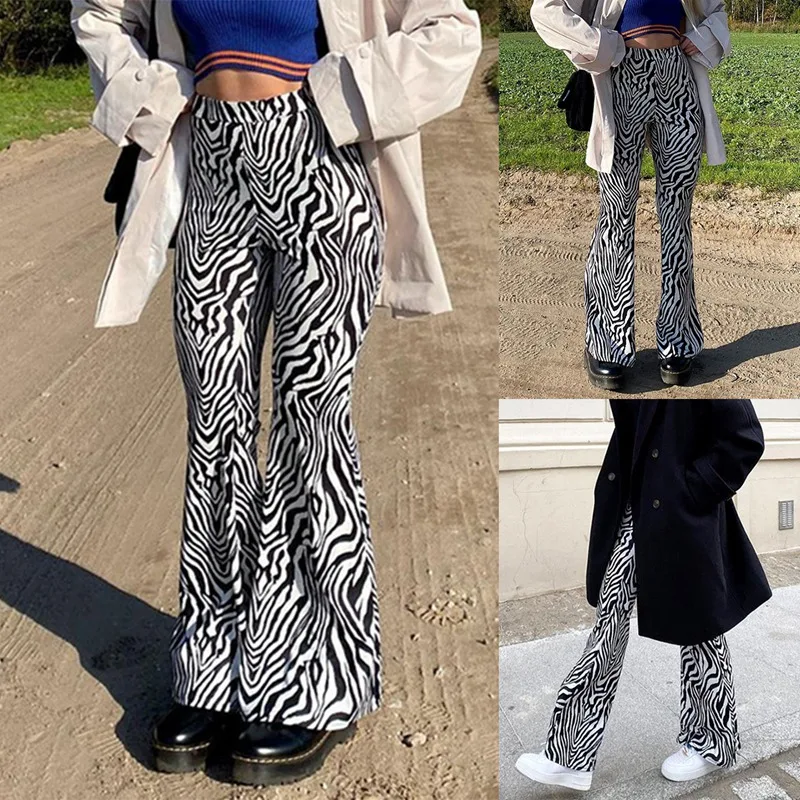 

Women's Fashion Animal Stripe Printed High Waist Micro-Flare Pants Black