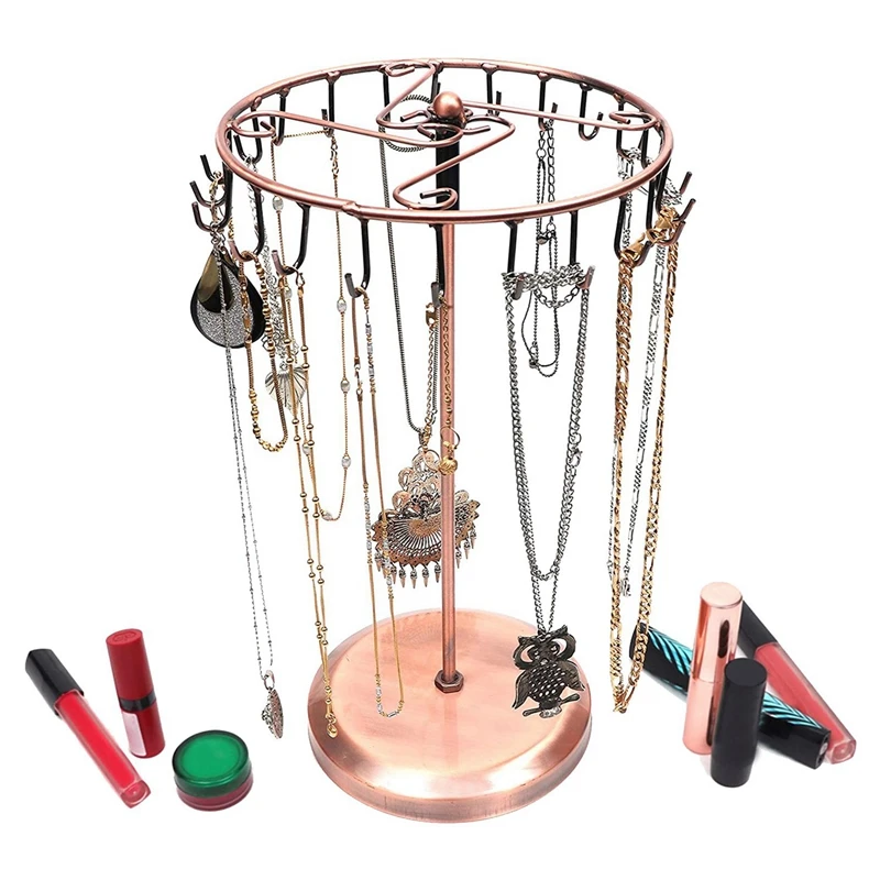 

4 Tiers Copper Color Rotating 72 Pairs Earring Holder & Jewelry Stand 23-Hooks Rotating Necklace Storage Box