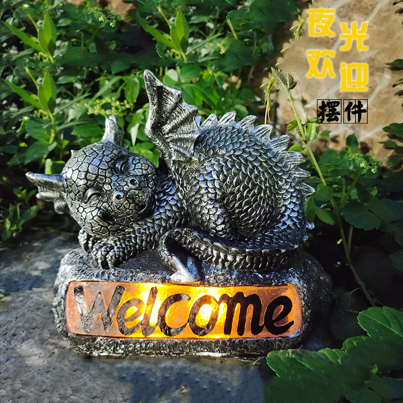 

Solar Dragon Welcome Lights Figurine Ornaments Outdoor Garden Resin Dinosaur Statue with LED Night Light for Lawn Courtyard Yard