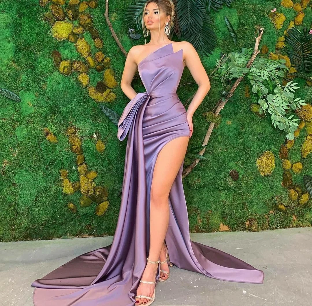 

Satin Mermaid Long Scalloped Prom Dresses with High Slit Corset Back Robe De Soiree Floor Length Formal Party Gown for Women