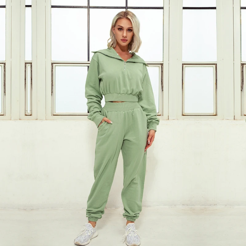 2Piece Workout Set Women Cotton Pullover Joggers Running Fitness Gym Suits Clothing Activewear Suit with Side Pocket Loungewear