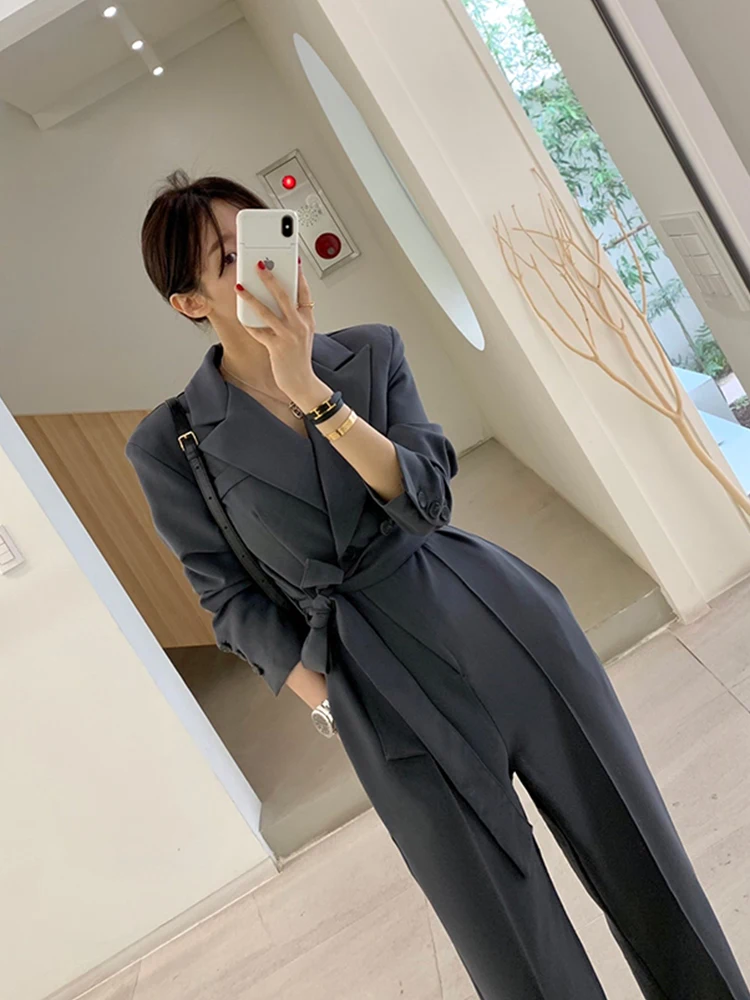 

Rompers Jumpsuit One Piece Outfit 2021 Fashion Overalls For Women Temperament Solid Color New High Waist Casual Pants Belt