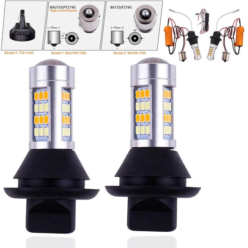 

2Pcs 1156 BA15S P21W BAU15S PY21W T20 7440 W21W LED Bulb Canbus No Error Car Turn Siganl Light Dual Color DRL 2835 SMD DC 12V
