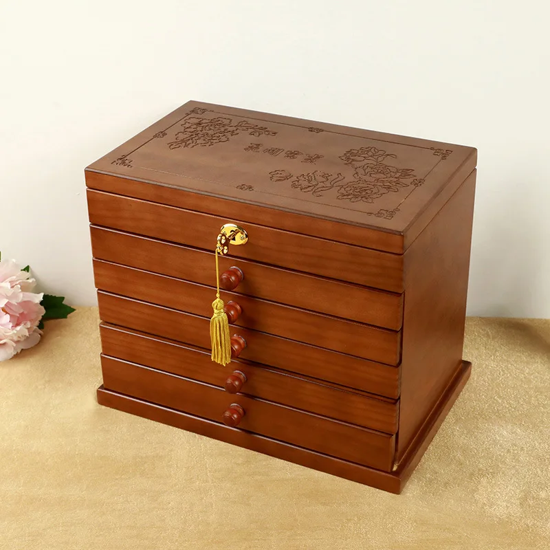 The New 6-Layer Solid Wood Jewelry Box Multi-Layer Lock Craft Wooden Storage Display Retro European-Style Organizer Gift