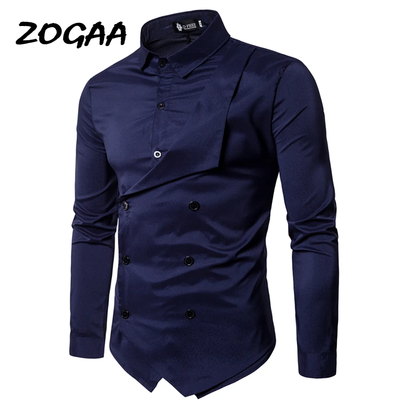 

ZOGAA 2020 new men's personalized double-breasted fake two-piece long-sleeved shirt solid color hot-selling shirt