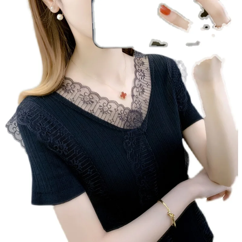 

20048 hall 10 row 2 lower] real V-neck solid color Pullover lace splicing ice silk short sleeve 27