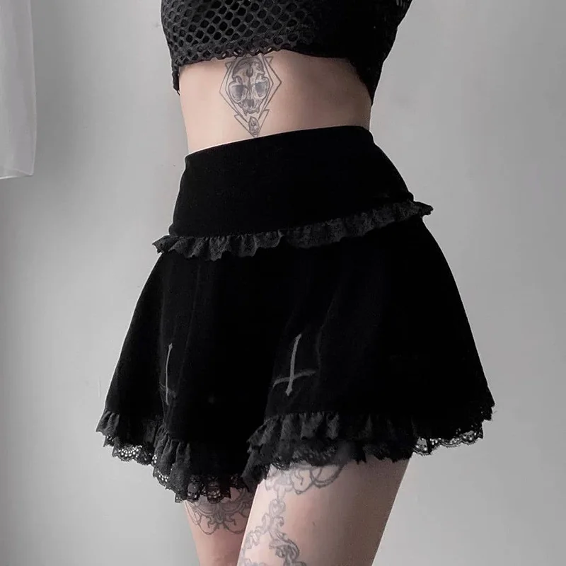 

Goth Cross Embroidered Black Skirt Gothic Vintage Lace Velvet Emo Alt Skirt Fairy Grunge High Waist A Line Mini Skirt