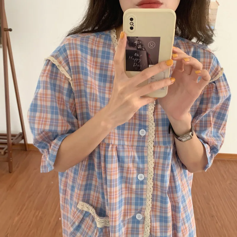 

Couple Pajamas Cotton Plaid Ladies Round Neck Pullover Nightdress Men's Short-Sleeved Shorts Two-Piece Set