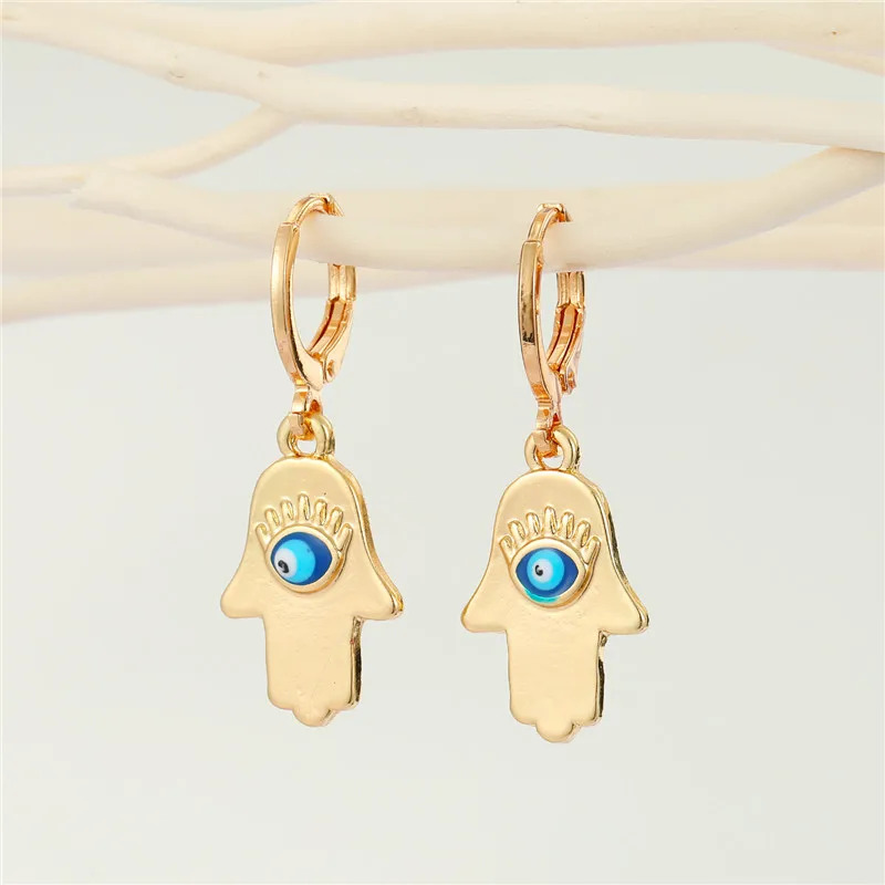 

1Pair Vintage Evil Eye Fatima Hand Metal Earrings For Women Ethnic Blue Lucky Eye Hoop Earrings Ear Stud Turkey Jewelry E708
