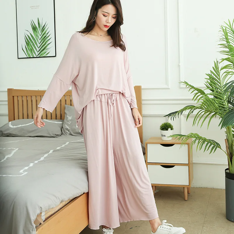horswula Plus Size Home Clothes Super Loose Long-sleeve Pajamas Womens Two Peice Sets Sportswear Wide-leg Pants Trouser Suits