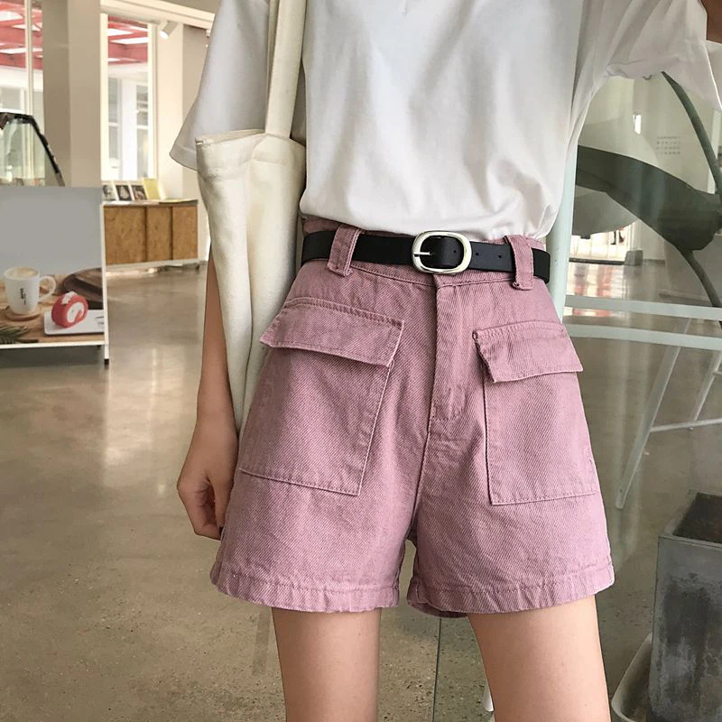 Летние корейские Для женщин Джинсовые шорты Повседневное милые однотонные