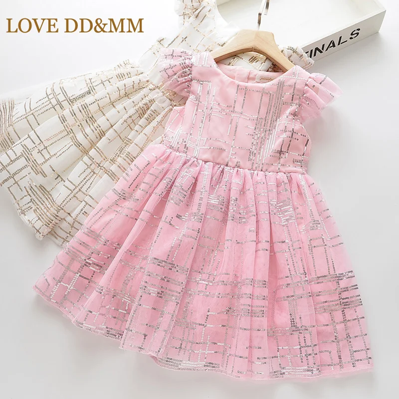 Платья для девочек с надписью «LOVE DD& MM» г. Новая летняя детская одежда милое платье принцессы без рукавов для девочек, простое, градиентное, Сетчатое, с блестками