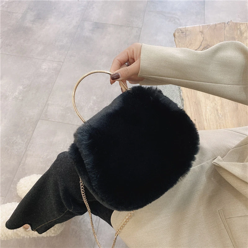 Soft Fluffy Flap Bag Metal Handle Plush Tote Bags For Women 2021 Furry Luxury Designer Handbag Chain Fur Shoulder Bags Small Sac