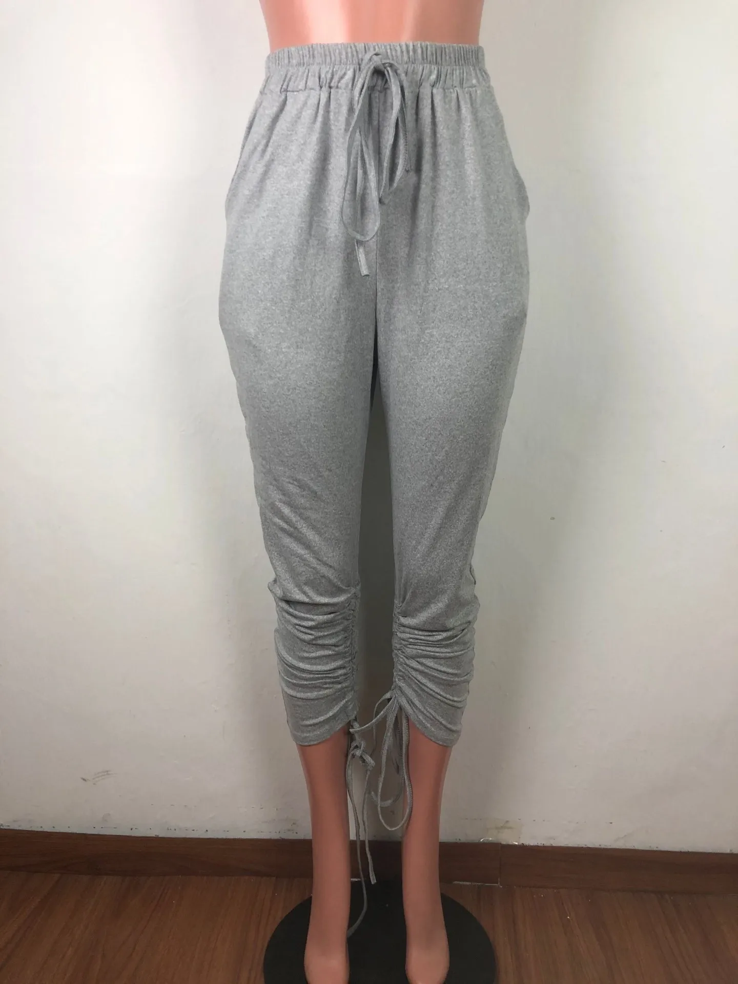 

High Waist Draw String Pleated Pants Women Solid Chic Casual Ruched Stacked Sweatpants 2020 Leggings Lounge Pants