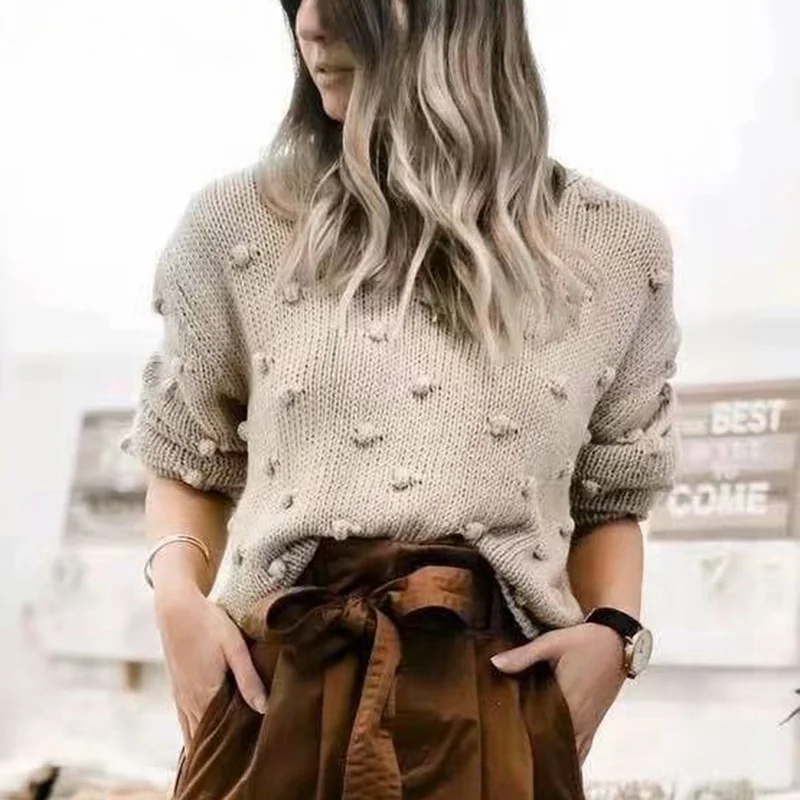 

Fashion ladies knitted pullover sweaters Vintage women pompon woolen sweater female oversize knitwear girls tops femme chic