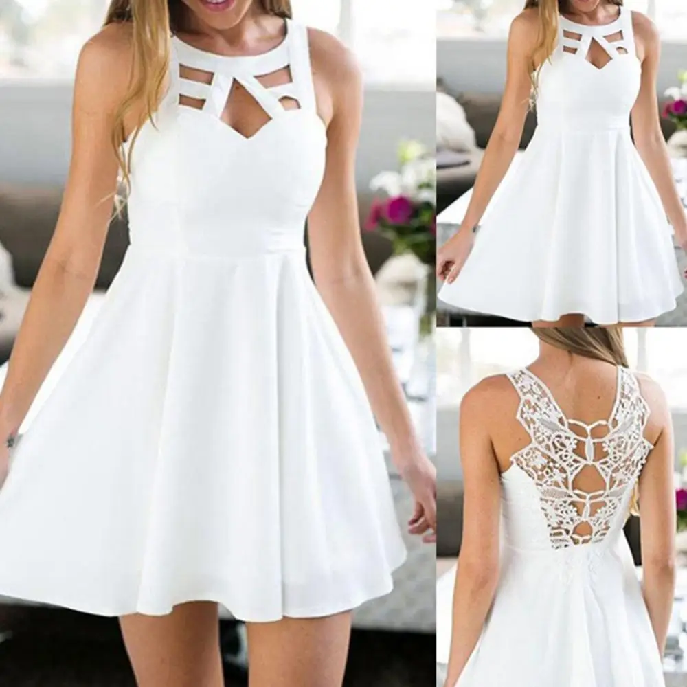 

Summer Sexy Women Sleeveless Hollow out Back Lace Stitching Mini Dress Summer Evening Party Beach Dress Zomer Strand jurk