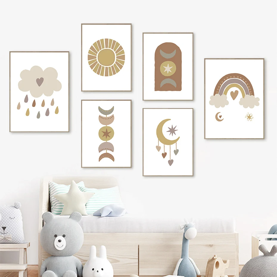 

Boho Cartoon Moon Rainbow Sun Clouds Nursery Posters Wall Art Canvas Painting Print Picture for Kids Room Home Decoration Gifts