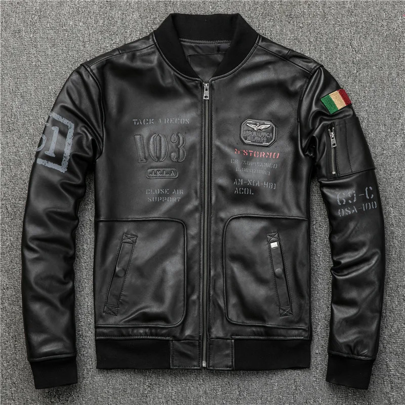 

Men Black 2023 Military Style Pilot Leather Jacket Plus Size 3XL Real Thin Sheepskin Spring Slim Fit Aviator Natural Coat
