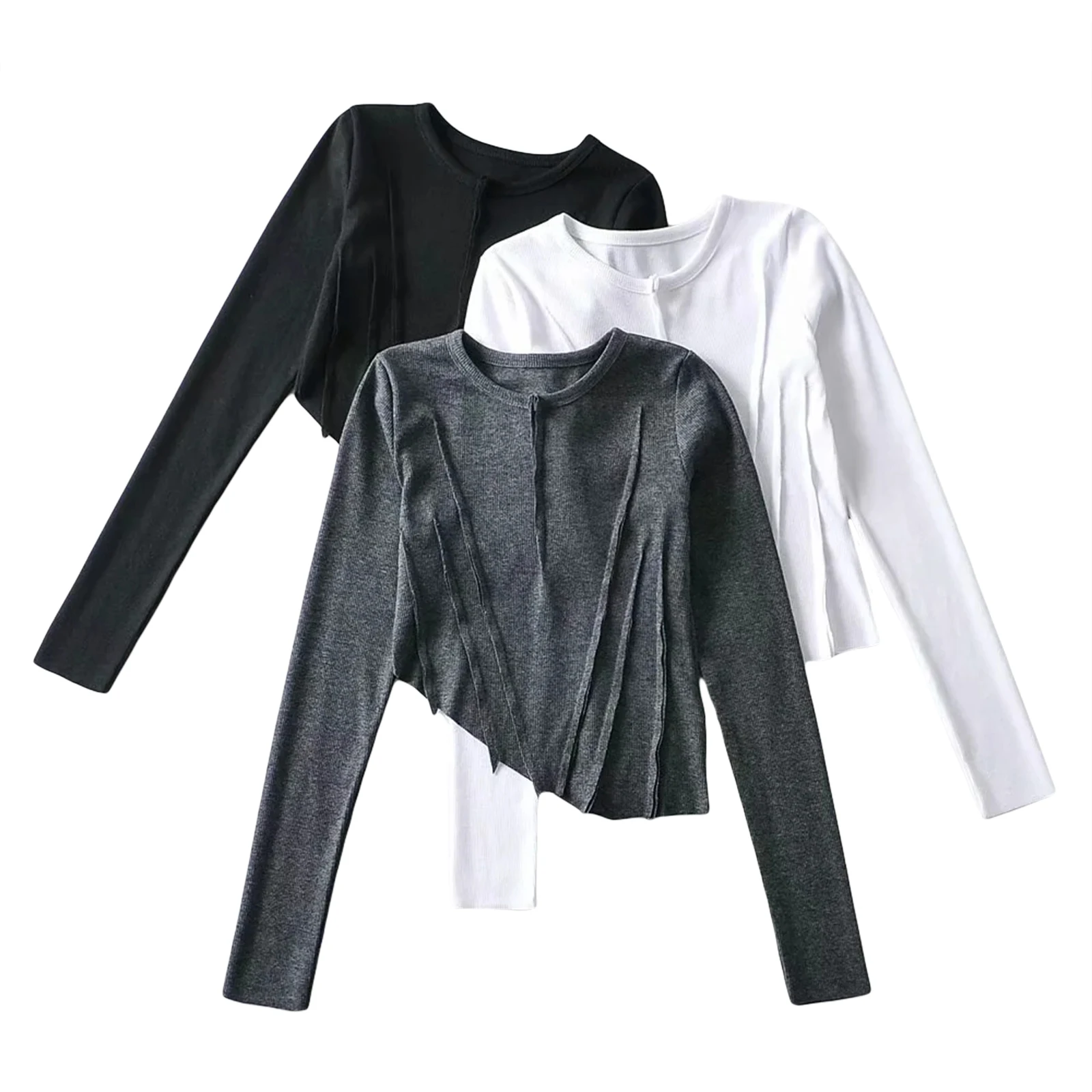 

Women Solid Color Irregular Hem Crop Tops Crew Neck Long Sleeve Sew Patchwork Shirts Sexy Slim Bottoming Casual Pullover Spring