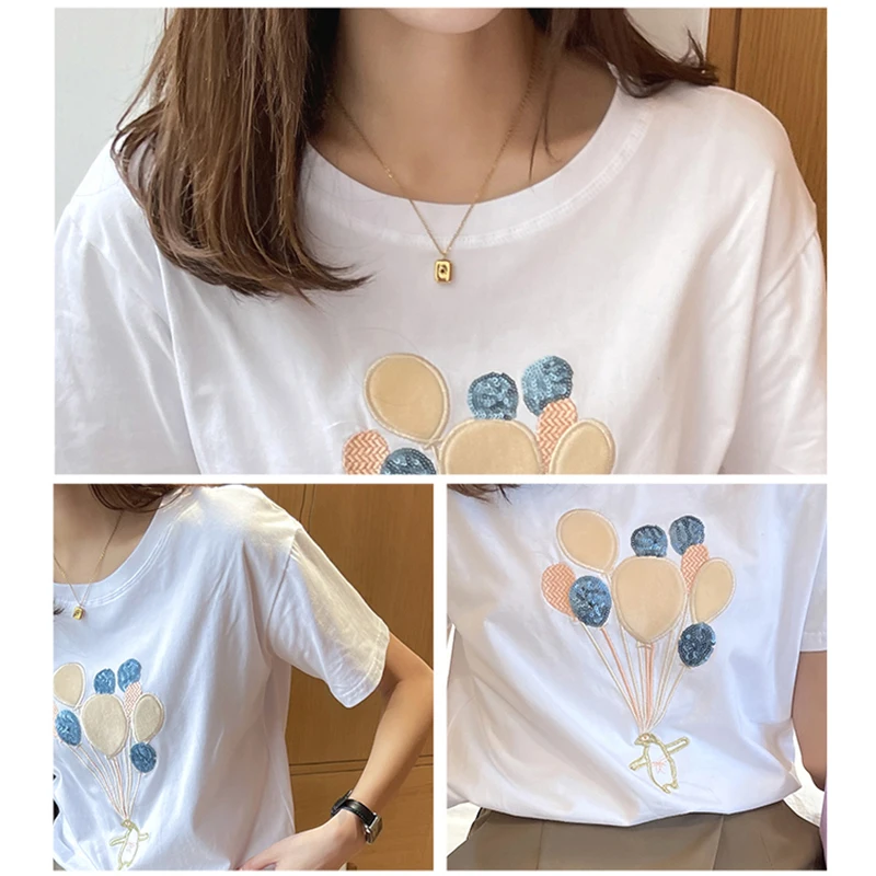 

WWENN Short Sleeve Cotton Girl Tee shirt Femme Korean Summer T shirt Women Tops Applique White Tshirt Women Clothes Purple Blue